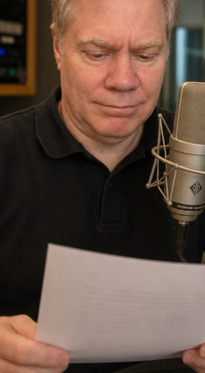 Steve Crilley, englischer Sprecher im Studio