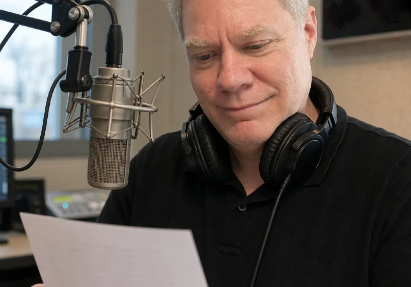 Steve Crilley, englischer Sprecher im Studio
